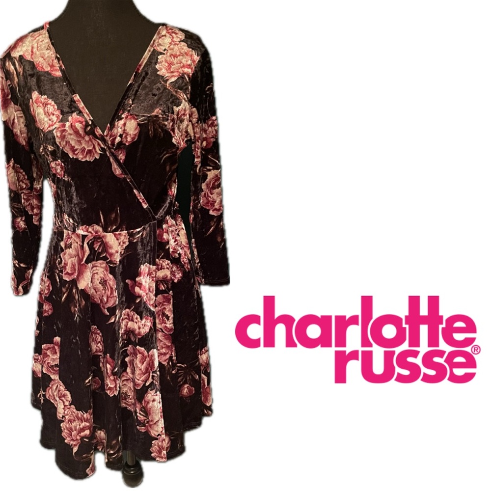 Charlotte Russe Black Velvet Pink Rose Wrap Skater Mini Dress Grunge Goth Retro